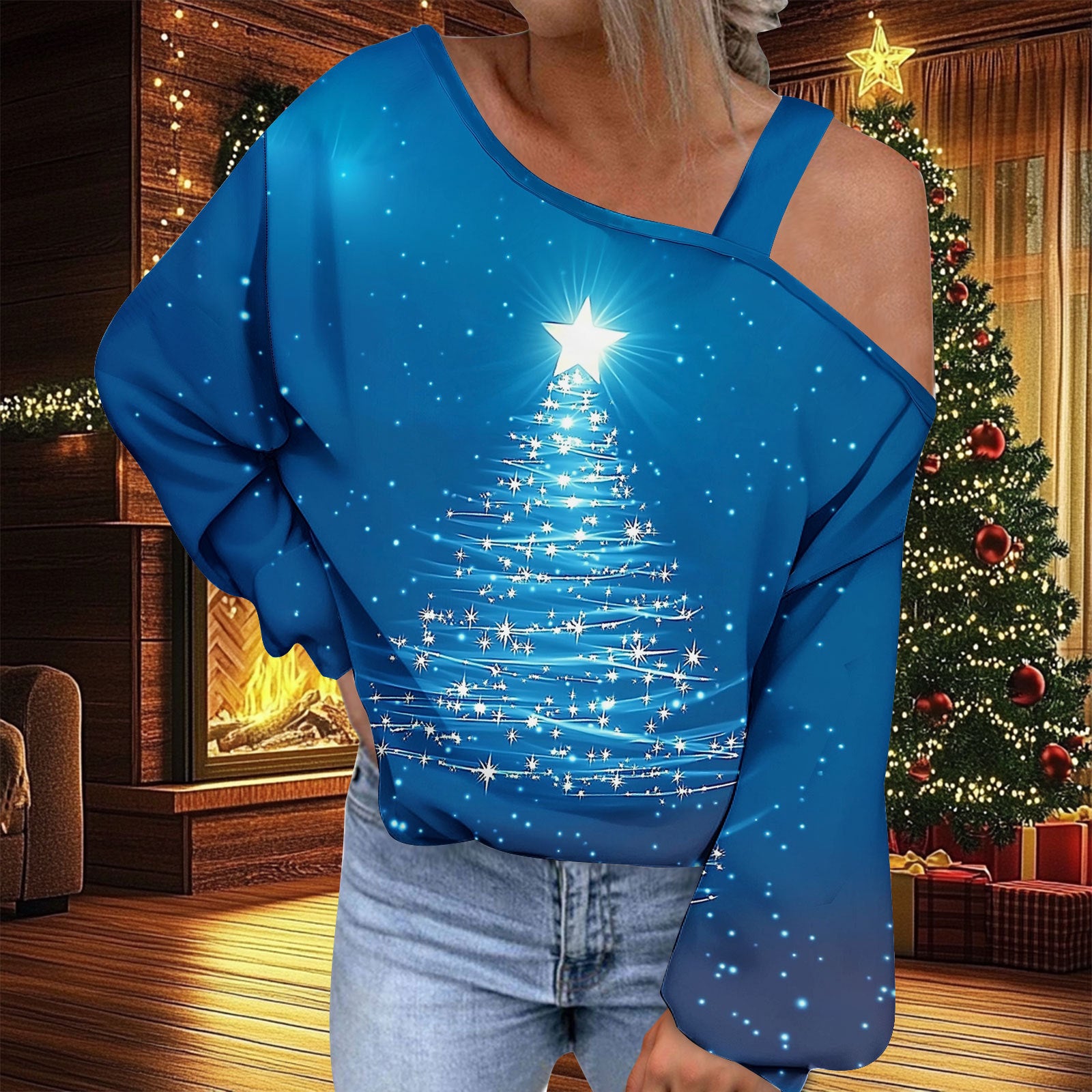 Trendy Diagonal Collar Christmas T-shirt