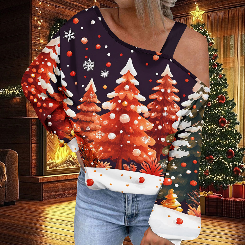 Trendy Diagonal Collar Christmas T-shirt