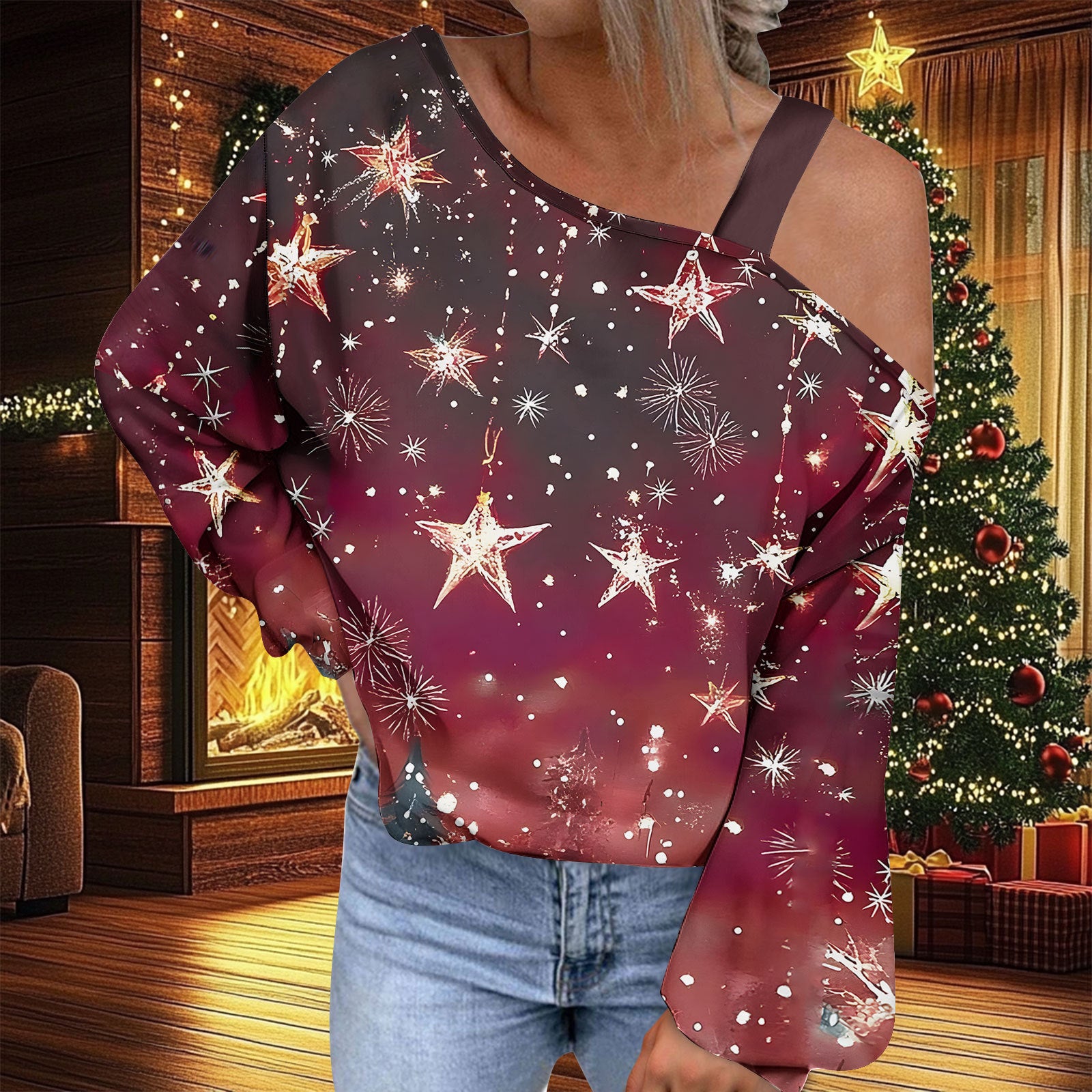 Trendy Diagonal Collar Christmas T-shirt