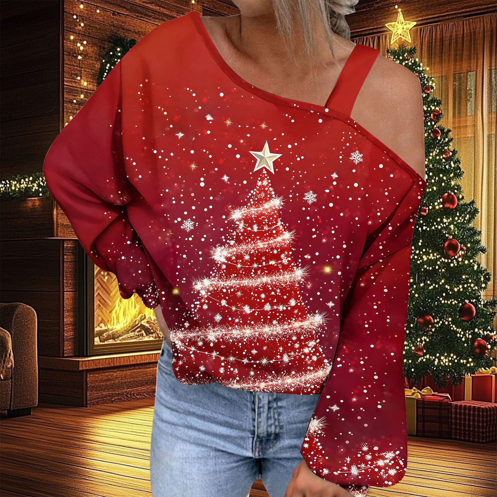 Trendy Diagonal Collar Christmas T-shirt