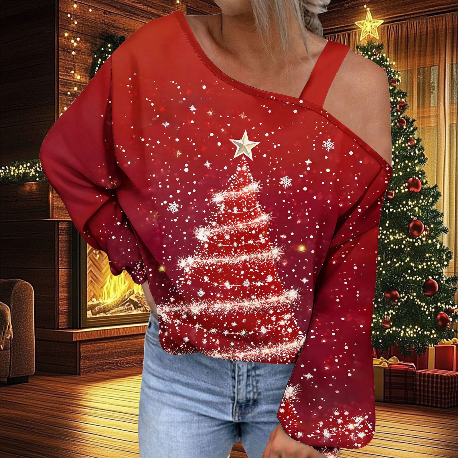 Trendy Diagonal Collar Christmas T-shirt