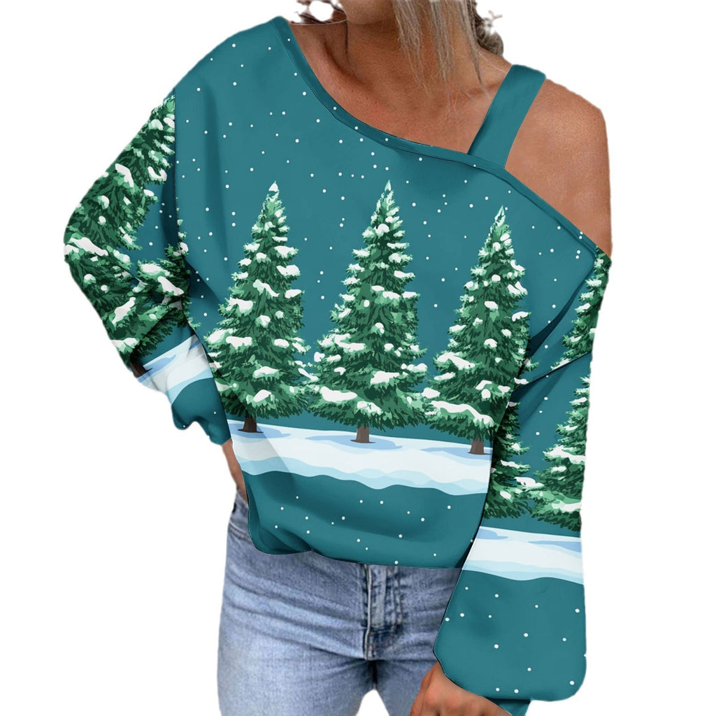 Trendy Diagonal Collar Christmas T-shirt