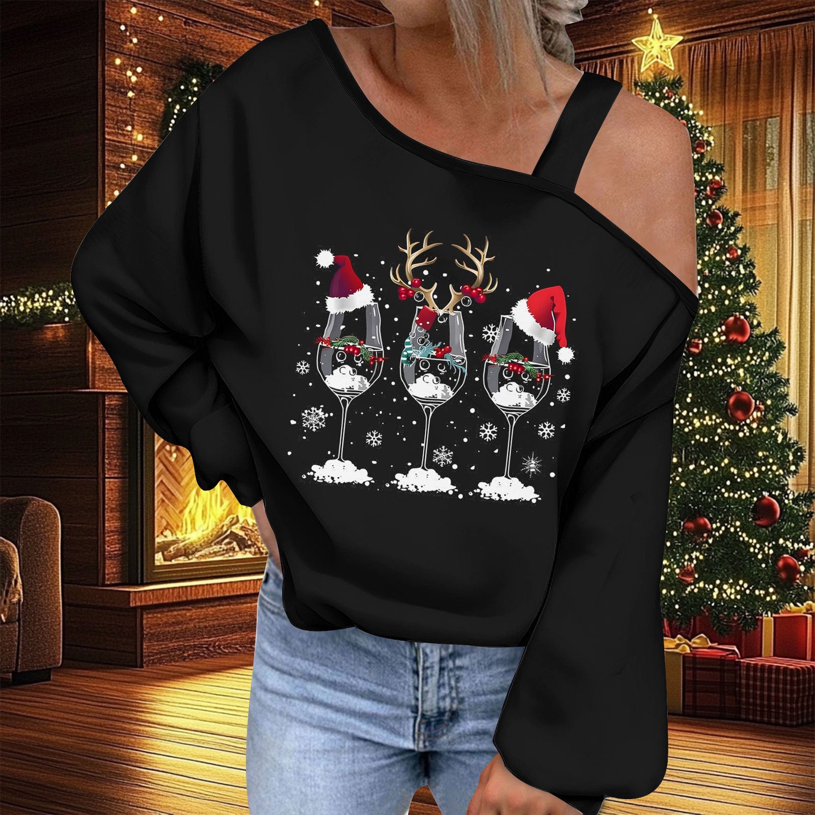 Trendy Diagonal Collar Christmas T-shirt