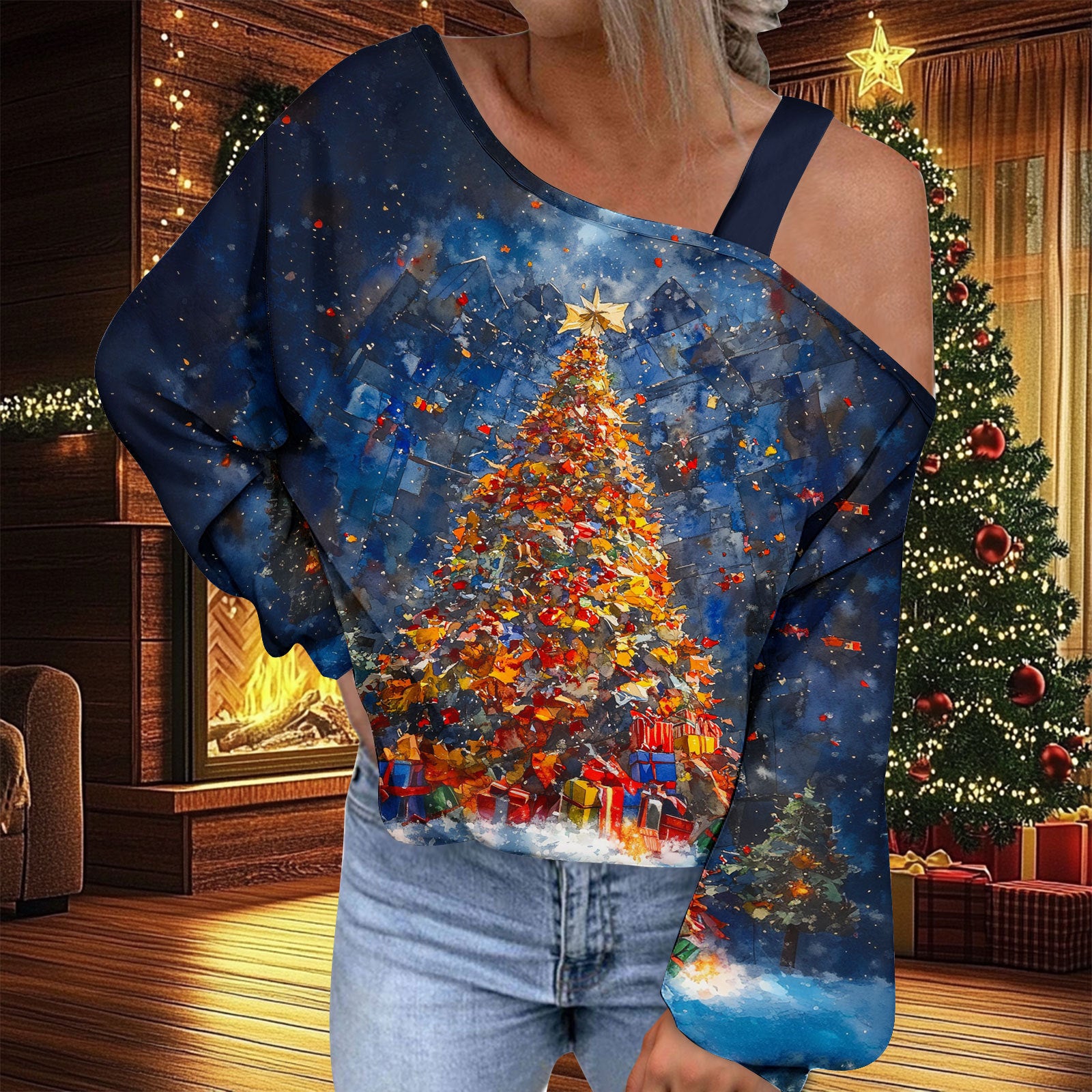 Trendy Diagonal Collar Christmas T-shirt