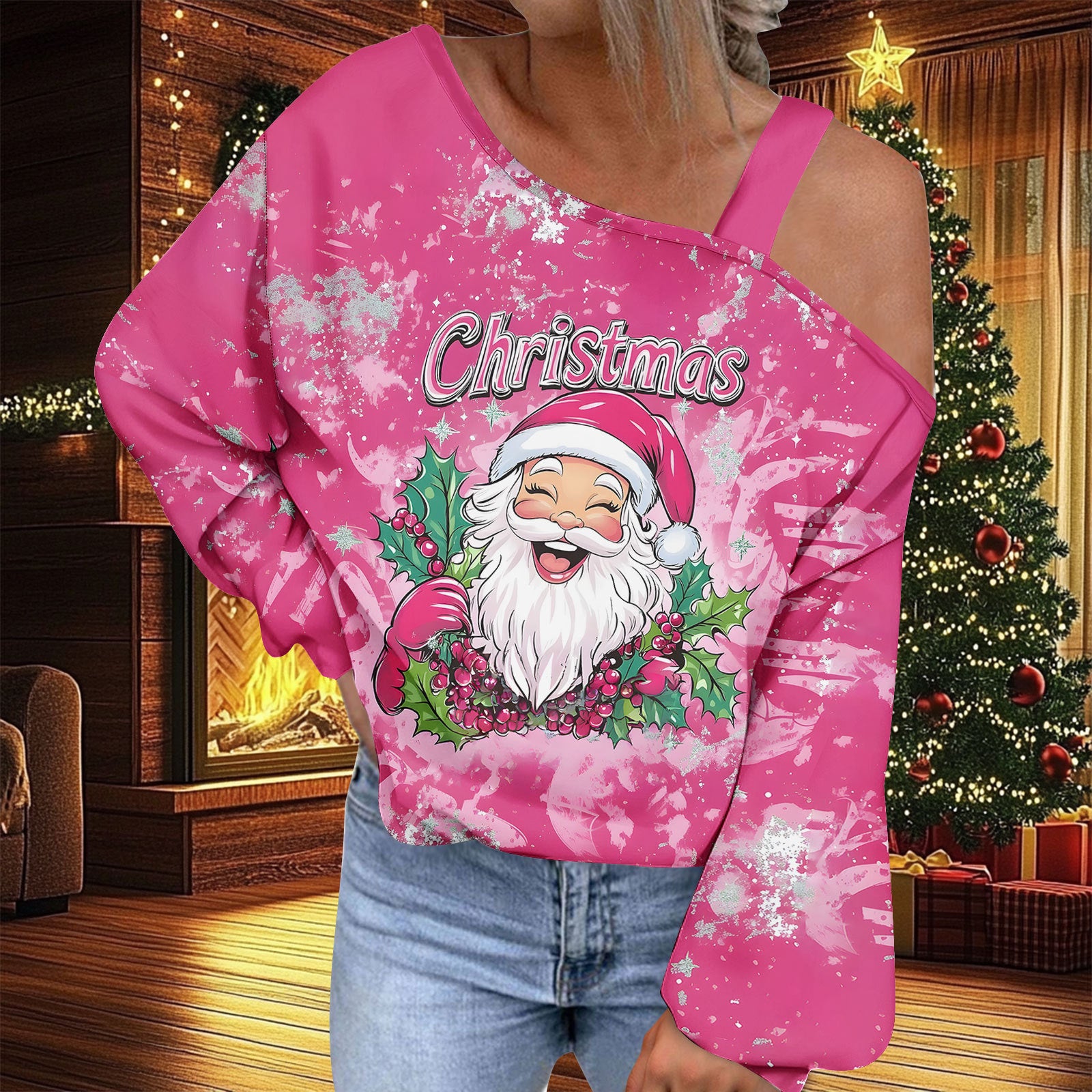 Trendy Diagonal Collar Christmas T-shirt