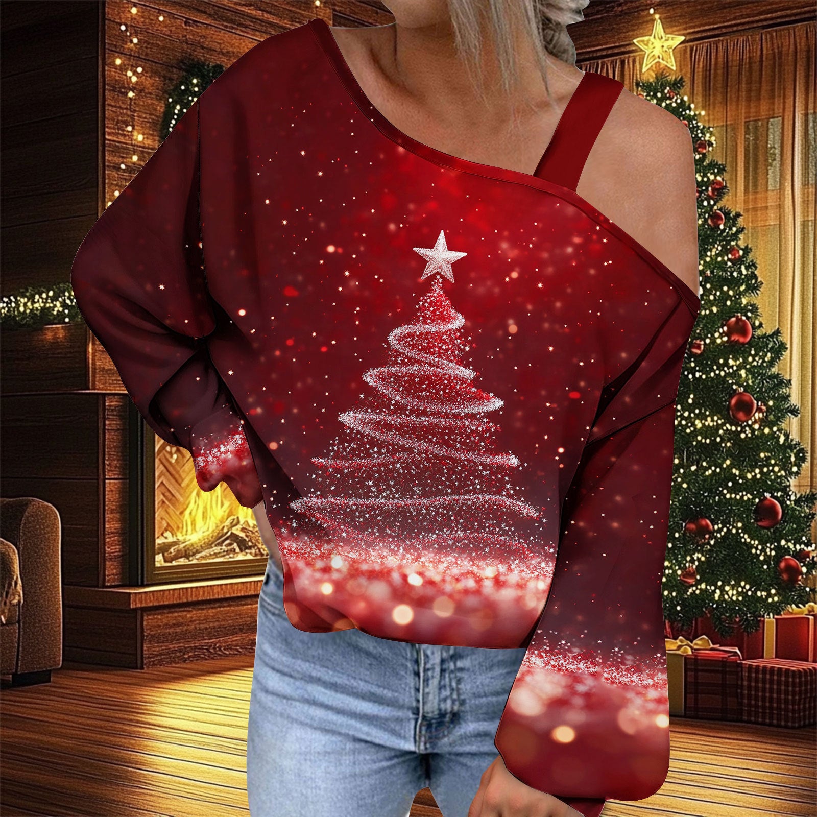 Trendy Diagonal Collar Christmas T-shirt
