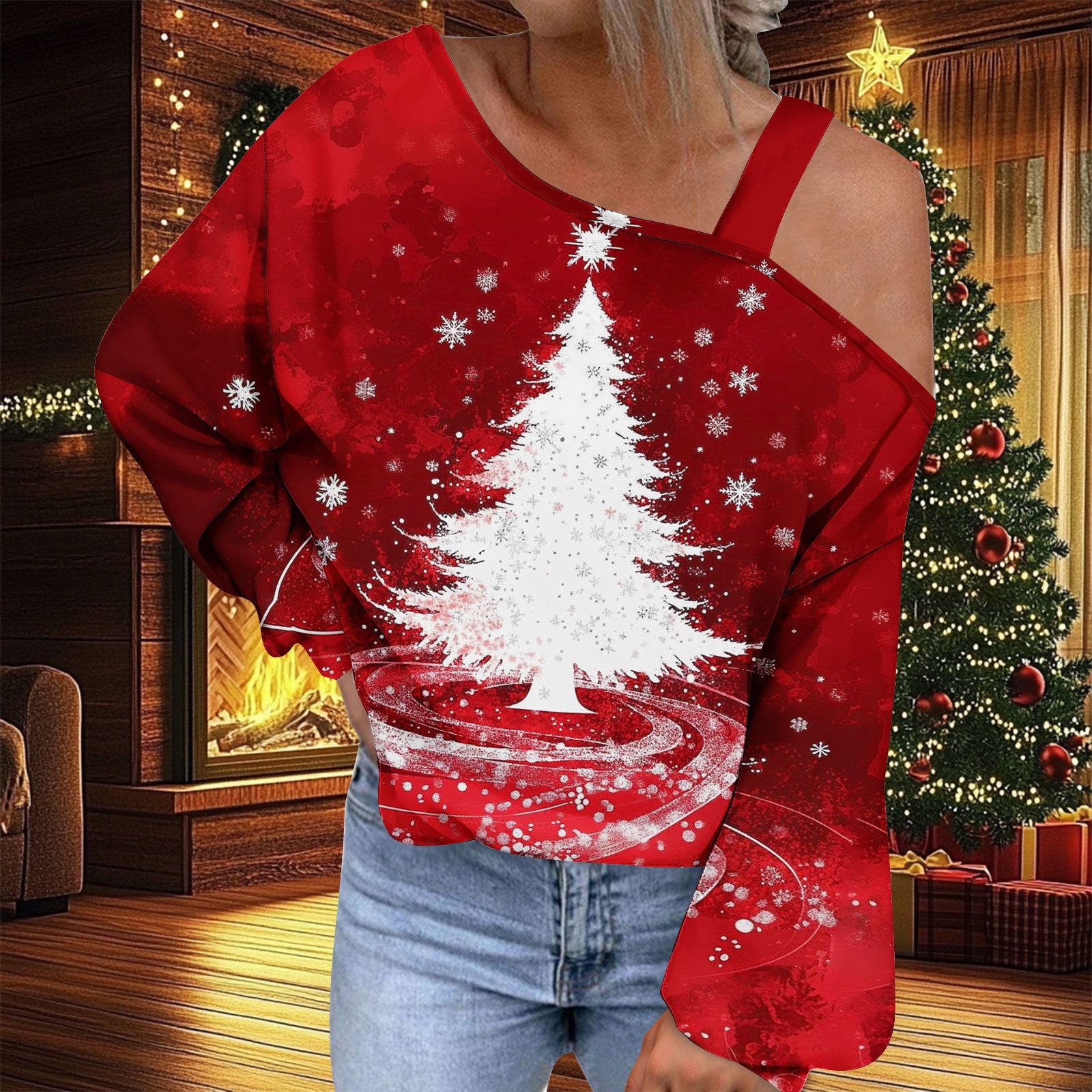 Trendy Diagonal Collar Christmas T-shirt