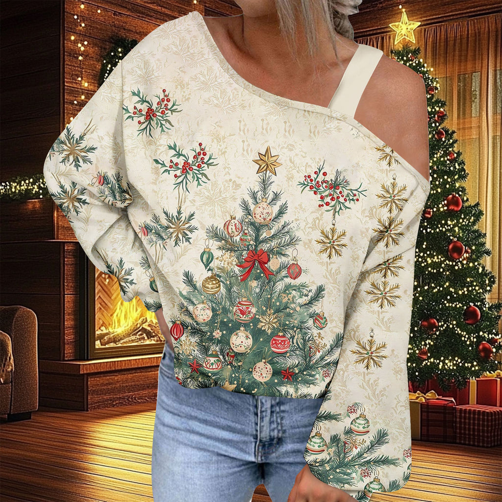 Trendy Diagonal Collar Christmas T-shirt