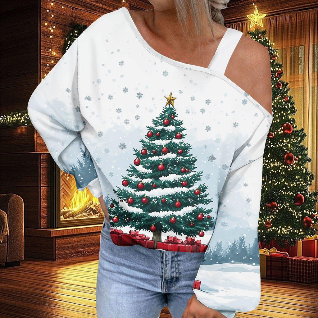 Trendy Diagonal Collar Christmas T-shirt