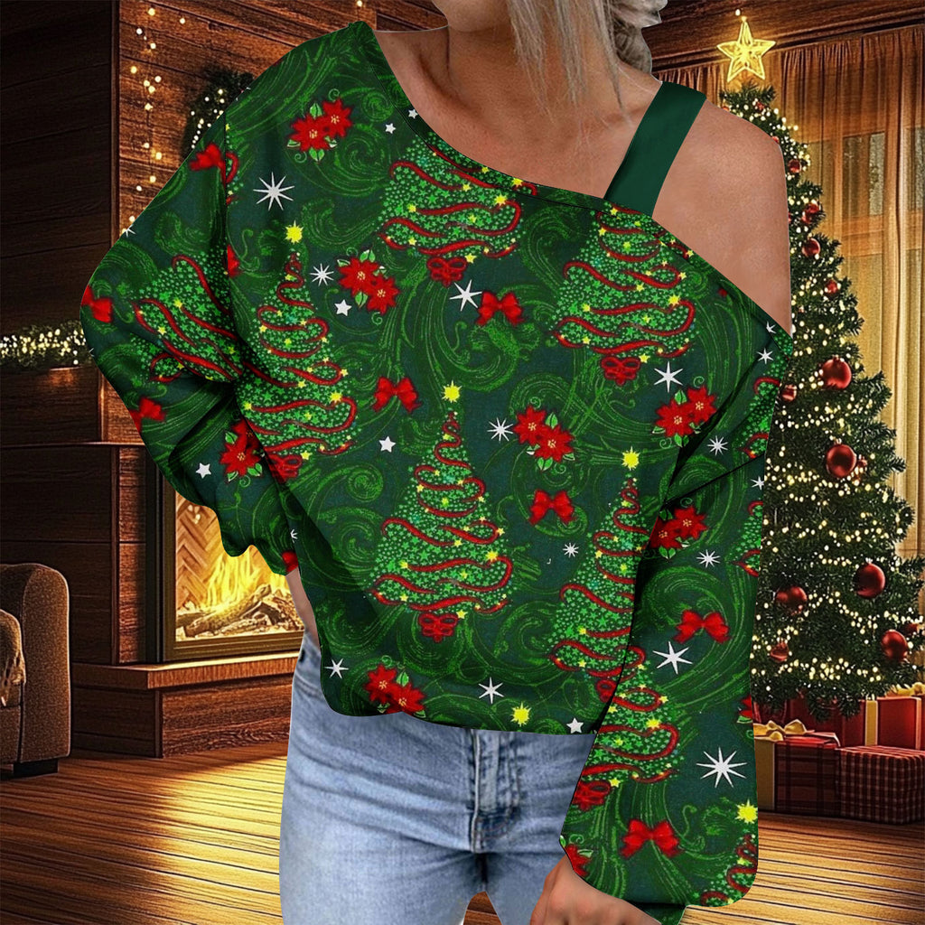 Trendy Diagonal Collar Christmas T-shirt