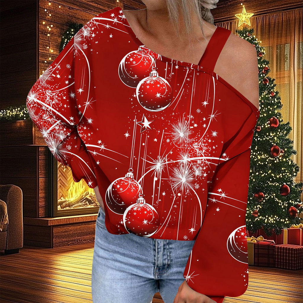 Trendy Diagonal Collar Christmas T-shirt