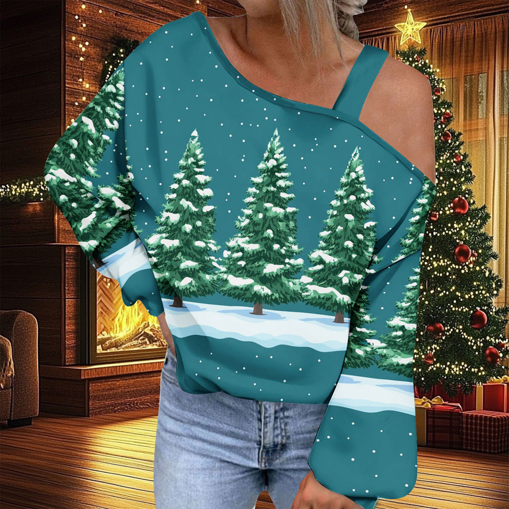 Trendy Diagonal Collar Christmas T-shirt