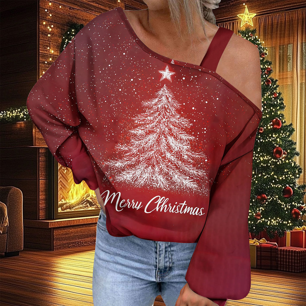 Trendy Diagonal Collar Christmas T-shirt