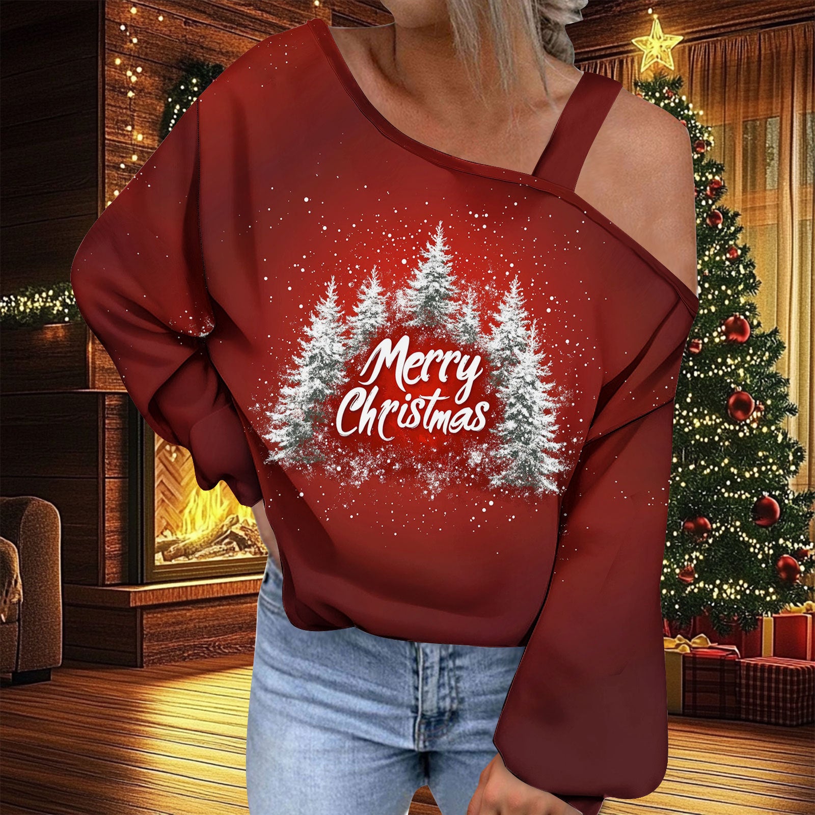 Trendy Diagonal Collar Christmas T-shirt