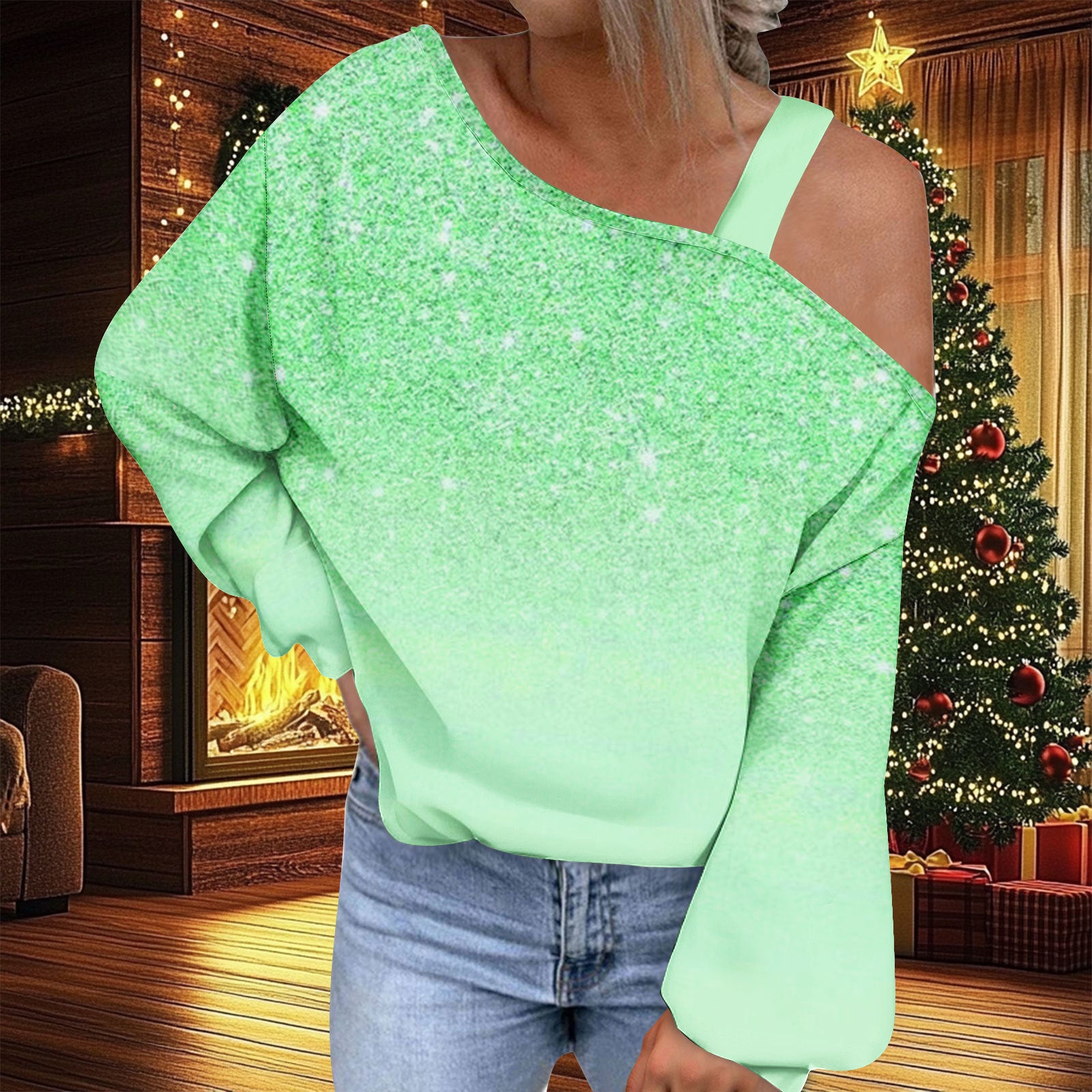 Trendy Diagonal Collar Christmas T-shirt